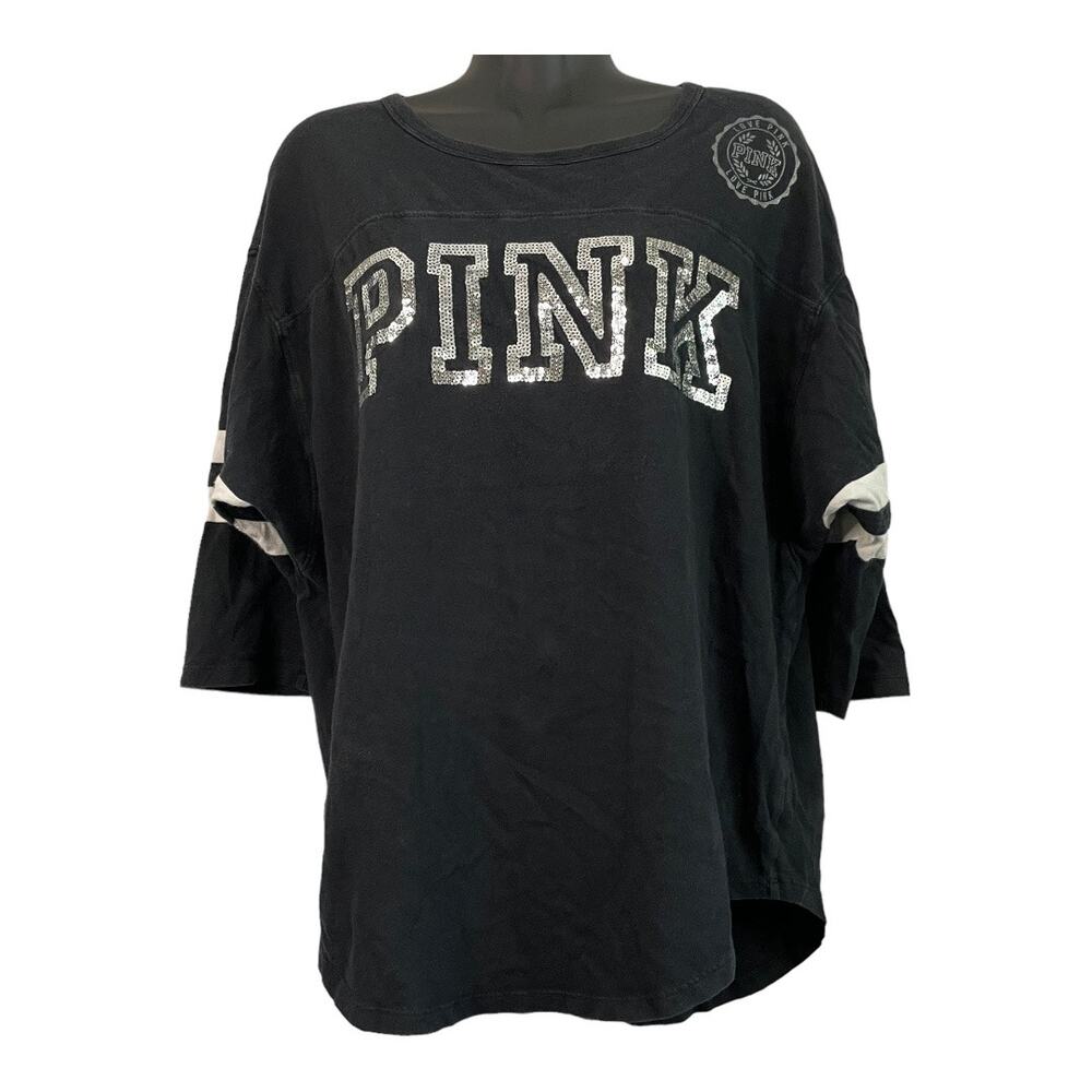 Victoria's Secret PINK Silver Sequin Logo Size Small 3/4 Sleeve Black T-Shirt